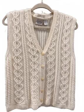 Vintage Cream Cable Knit Button Up Sweater Vest Laura Gayle M